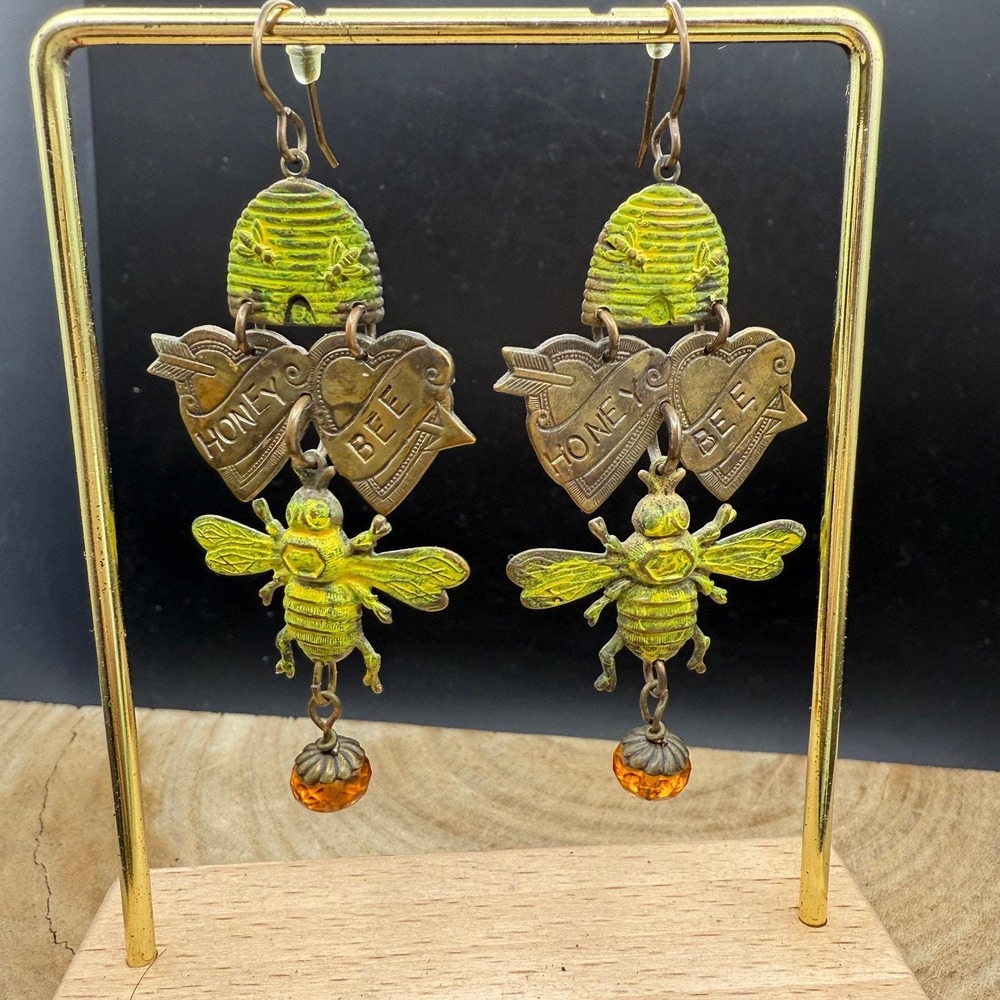 J Fagan Honey Bee Beehive Earrings Hearts Amber Glass 3" Dangle